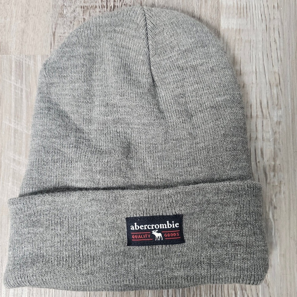 Abercrombie Gray Ribbed Knit Cuffed Beanie Hat Logo‎ Patch Winter Unisex